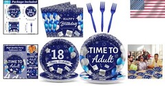 Complete 18th Birthday Tableware: 96 Pieces of Blue Silver Plates & Napkins