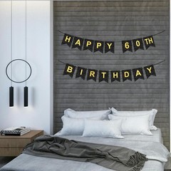 HAPPY 60TH BIRTHDAY Banner, Pre-Strung, Black Gold 60th Birthday Party Decora…