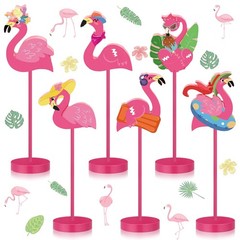6 Pcs Flamingo Wood Tall Standing Block Set Summer Pink Flamingo Table Sign T…