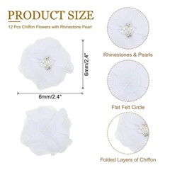 12Pcs 2″ Chiffon Flowers with Rhinestone Pearl Sewing Fabric Flowers, White