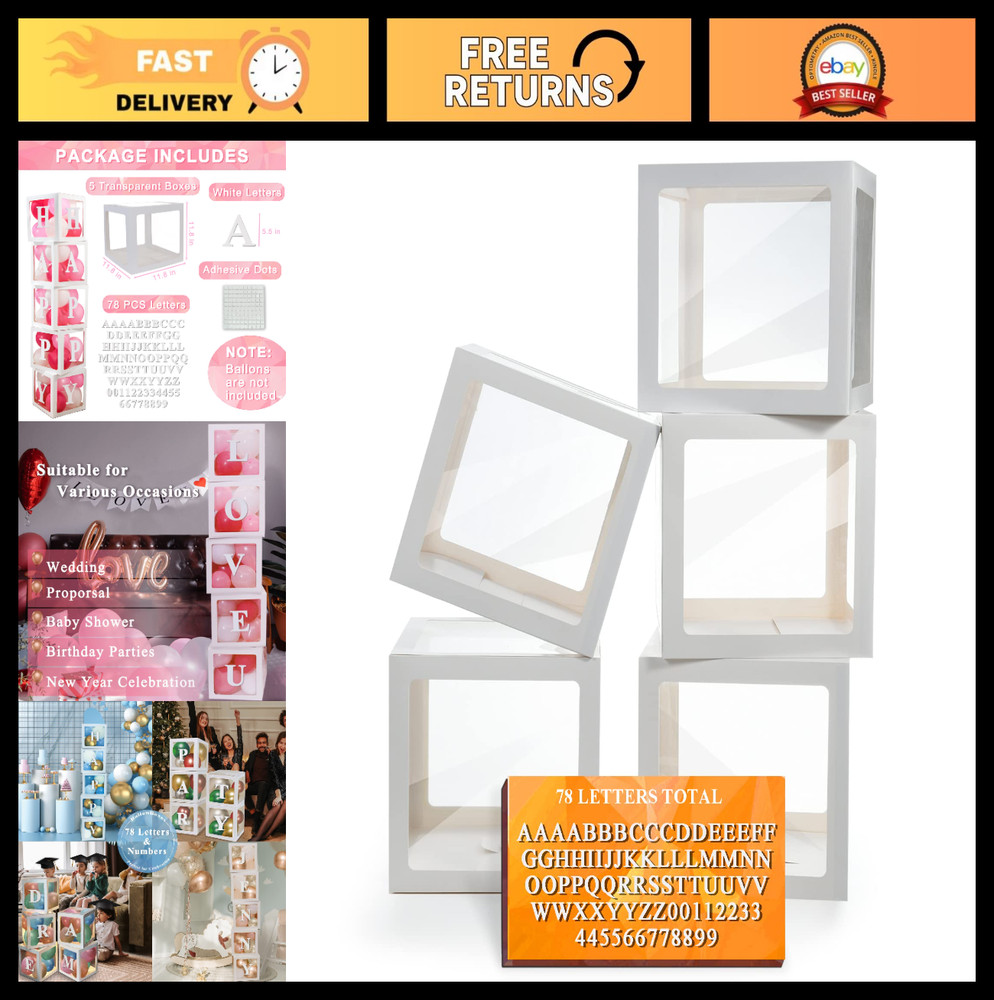 Clear Balloon Boxes with 78 Letters for Custom Names – 5PCS Baby Shower & Party