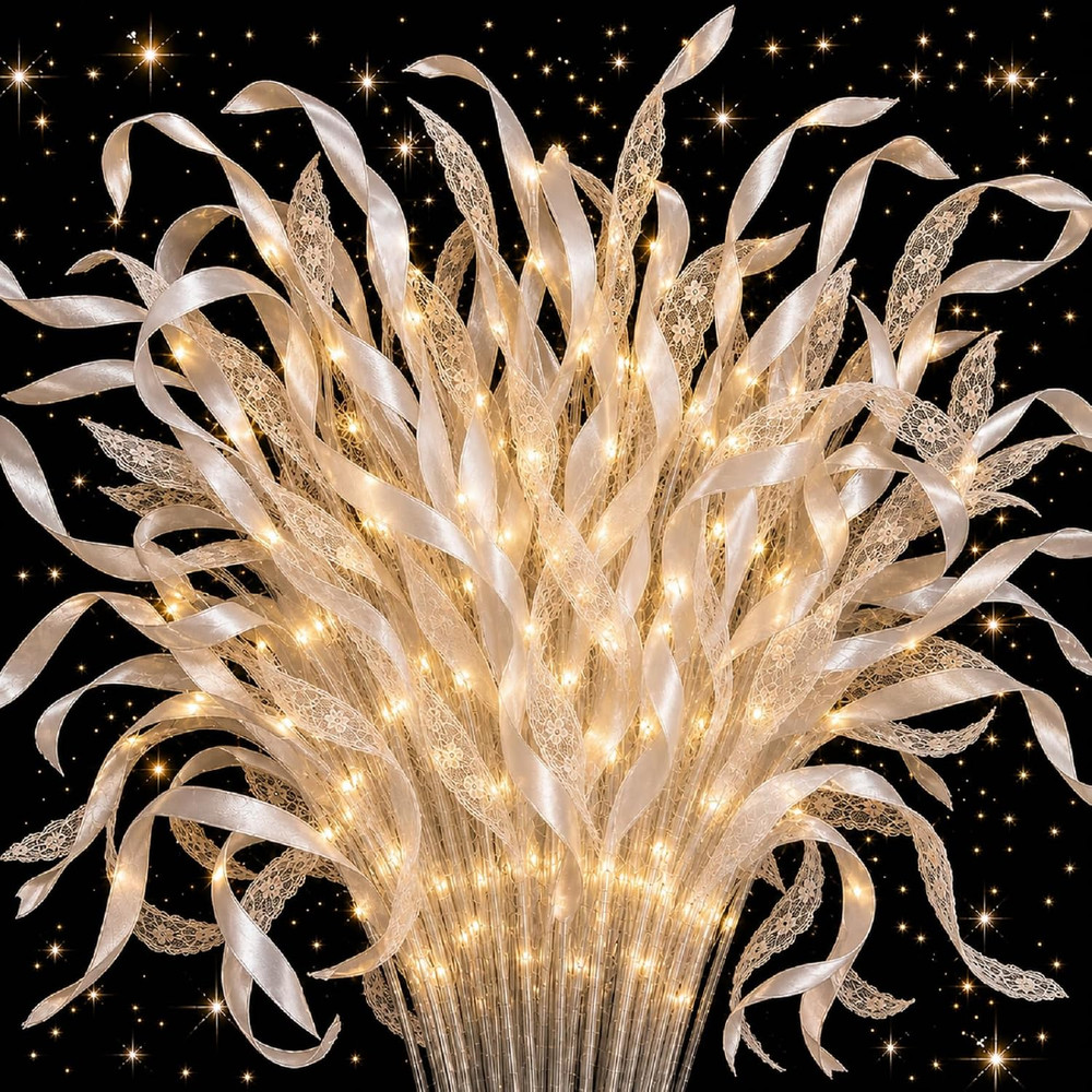 100 PCS Light Up Wedding Wands with Lace & Satin, LED Fairy Ribbon Streamers for
