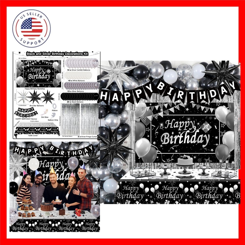 Black and Silver Birthday Decorations for Men Women Boys Girls, 85PCS White B…