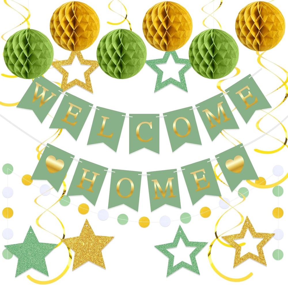 Welcome Home Decorations Banner with Glitter Stars Sage Green