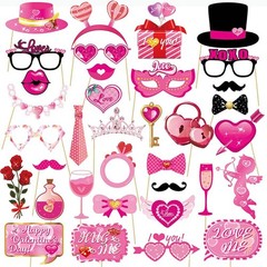 35PCS Valentine’s Day Photo Booth Props,Romantic XOXO Decorations Pink