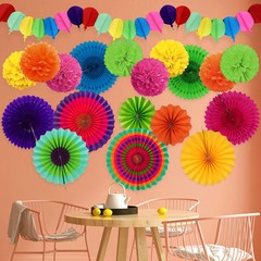 Fiesta Party Decorations, Multicolored Paper Pompoms Fan Garlands for Multi