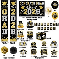Class of 2026 Graduation Decorations – Black & Gold Party Set with Banner, Backd