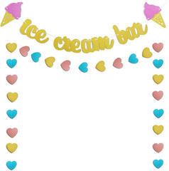 Gold Glittery Ice Cream Bar Sign Banner and Pink, Blue, Gold Heart Paper Garland