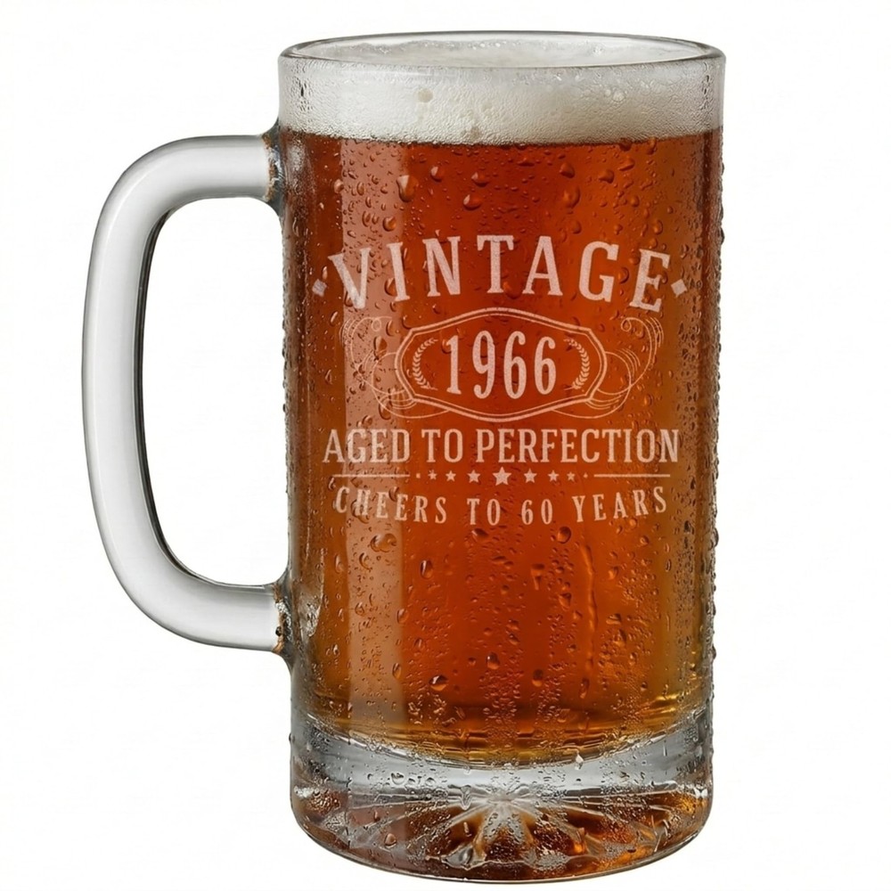 Vintage 1966 Etched 16oz Glass Beer Mug Stein – Happy 60th Birthday Gifts
