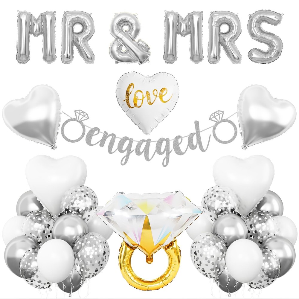 Silver Engagement Party Decorations, MR and MRS Balloons Decor, Metallic Silv…