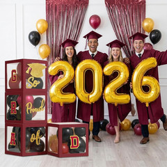Maroon Black and Gold Decorations 2026 Set of 4 Graduation Balloon Boxes with Ba