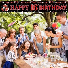Black Red 16th Birthday Party Decorations Banner for Boys Girls Happy Birthday