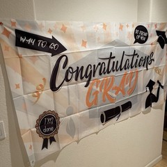 Congratulations Grad Banner – White, Orange, Black Party Decor
