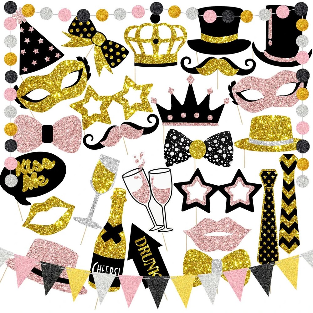 30Pc Happy Birthday new year photo booth props black gold silver pink glitter