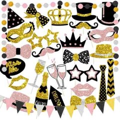 30Pc Happy Birthday new year photo booth props black gold silver pink glitter