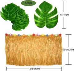 9Ft Hawaiian Luau Table Skirt With Tropical Flowers And Palm Leaves Decor
