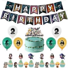 Demon Slayer Anime Theme Birthday Party Decor Set Banner Balloons Cake Top