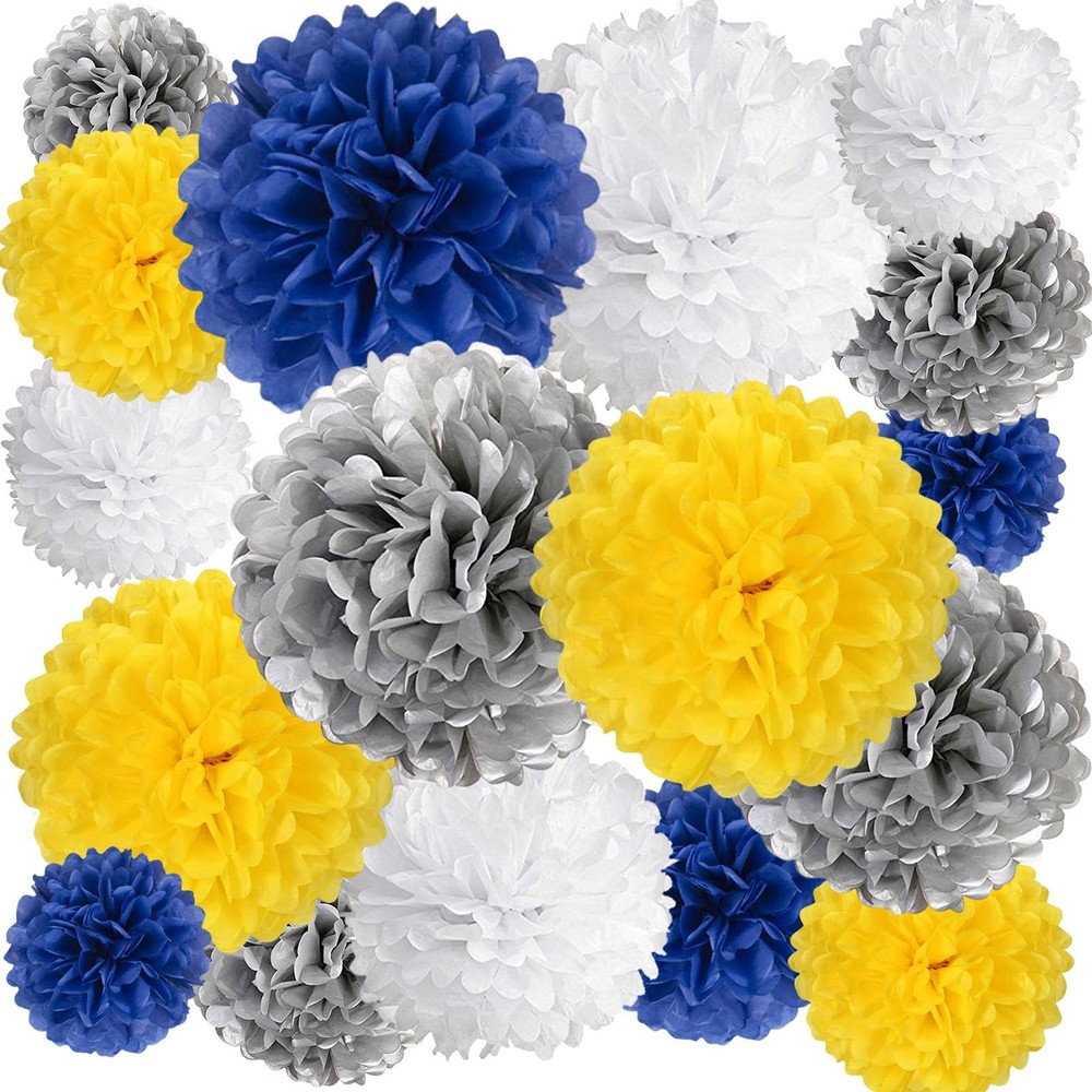 20 PCS Tissue Paper Pom Poms 6 10 12 14 Inch Flower Balls Yellow Wht Blue
