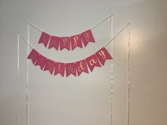 Happy Birthday Pink Embossed Banner Bunting, with Gold Glitter Letters