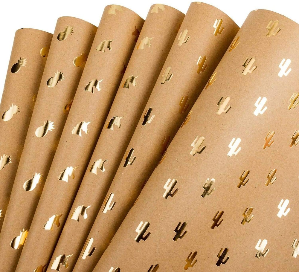 6 Sheet Kraft Wrapping Paper Gold Foil Pineapple Cactus Shiny 17.5 x 30 Each