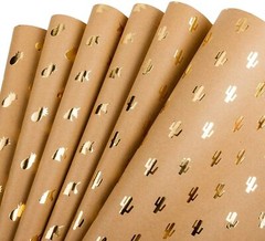 6 Sheet Kraft Wrapping Paper Gold Foil Pineapple Cactus Shiny 17.5 x 30 Each