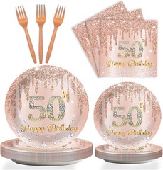 Complete 96-Piece Pink Rose Gold 50th Birthday Collection for Effortless Hosting