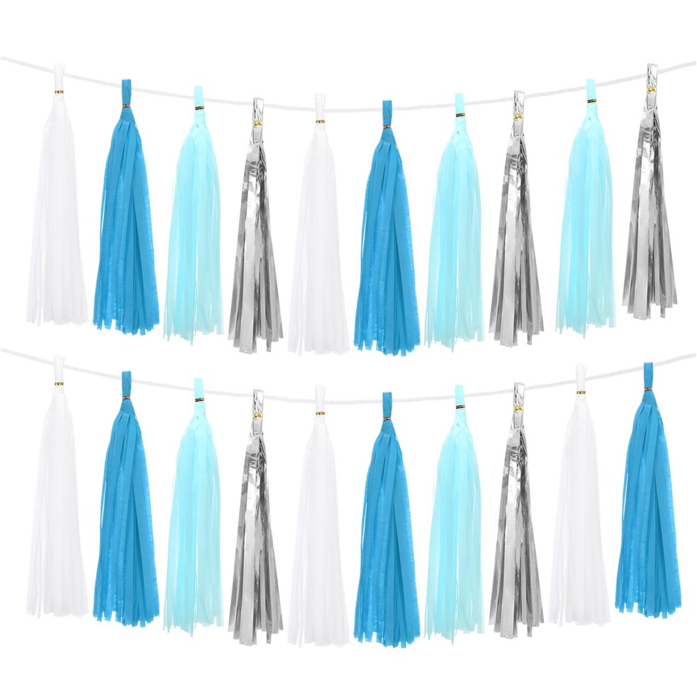 20 Pcs Tassel Garland, White Light Blue Lake Blue Silver Foil Fringe Tassels