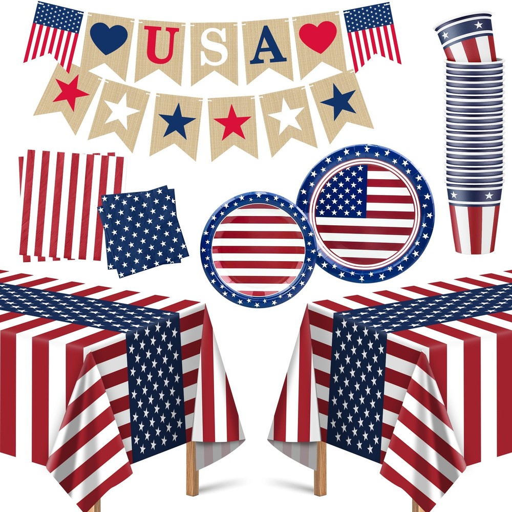 Fourth of July Decorations – Serve 24 – Patriotic Plates Tablecloth Napkins Cups