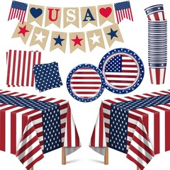 Fourth of July Decorations – Serve 24 – Patriotic Plates Tablecloth Napkins Cups