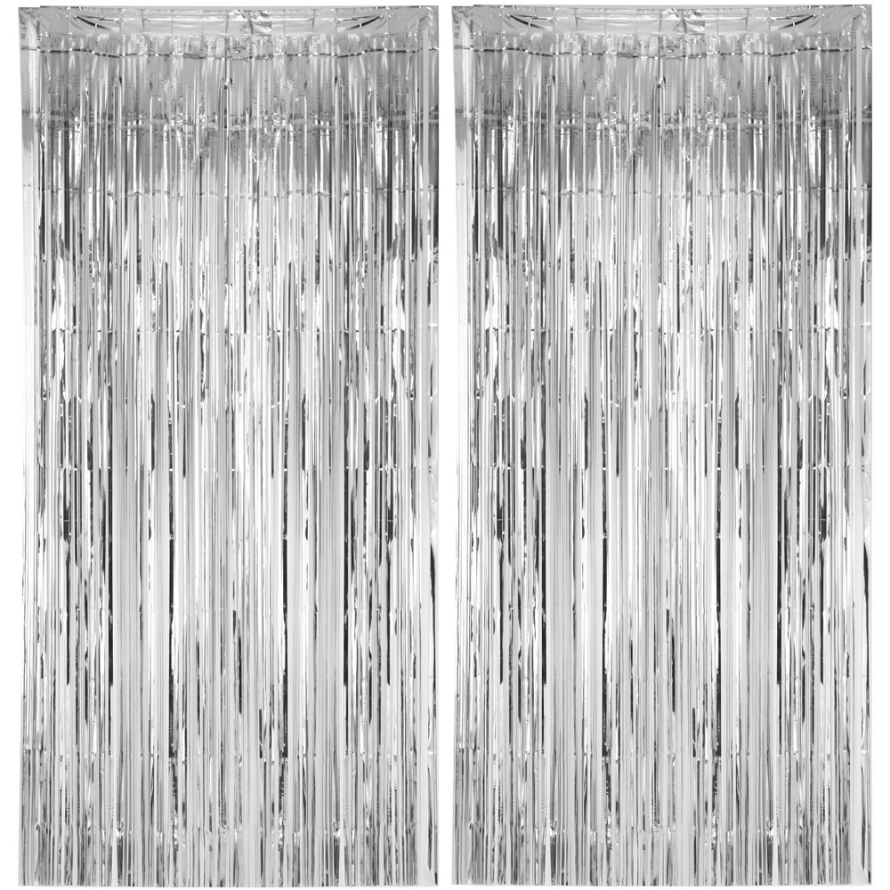 Silver Foil Fringe Backdrop Curtains Metallic Tinsel Party Streamers 2 PCS