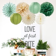 Sage Green Gold Party-Decorations Streamers-Lanterns – 14pcs Olive Fan Honeyc…
