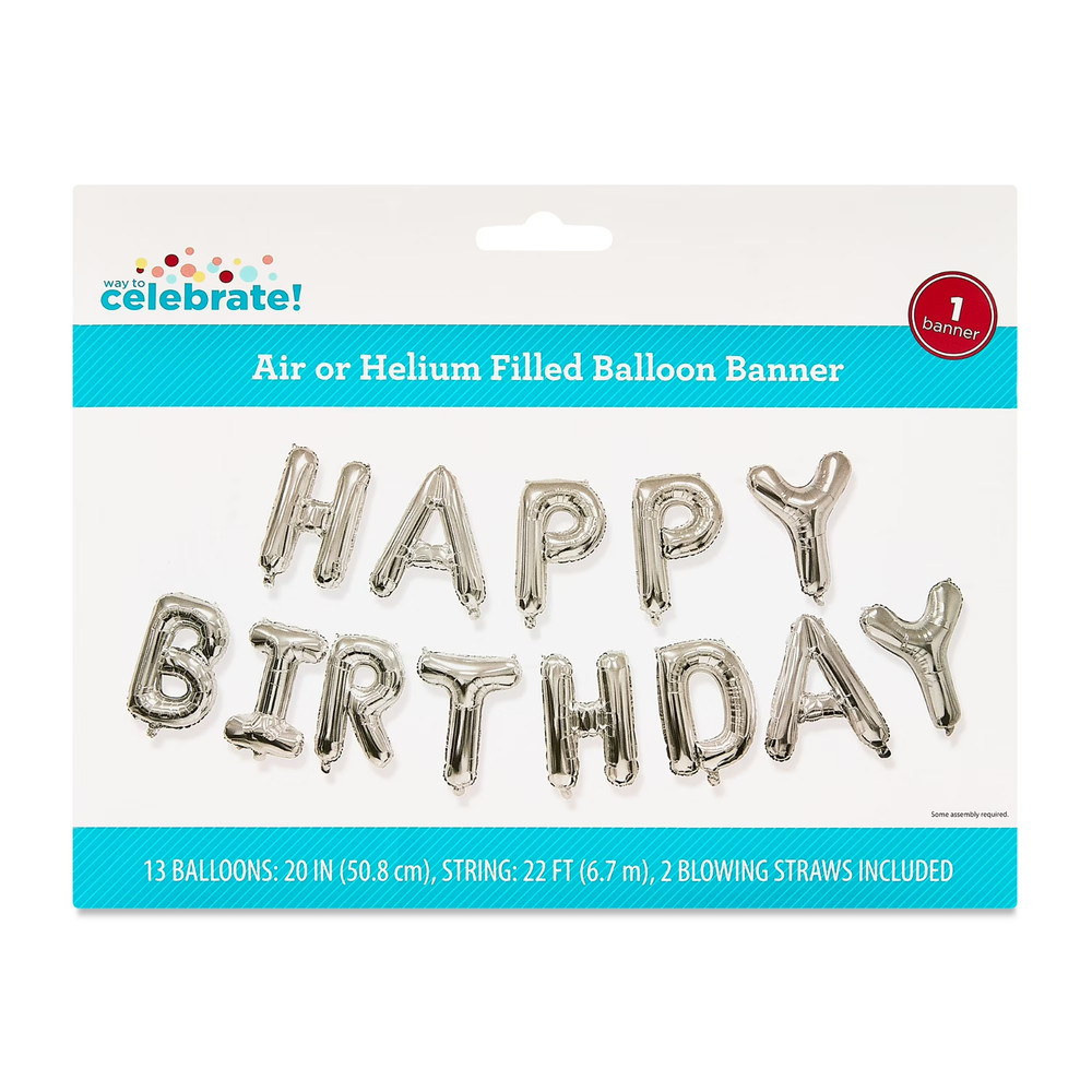 Silver Happy Birthday Air Filled Balloon Banner 16 Pieces by Way To Celebrate