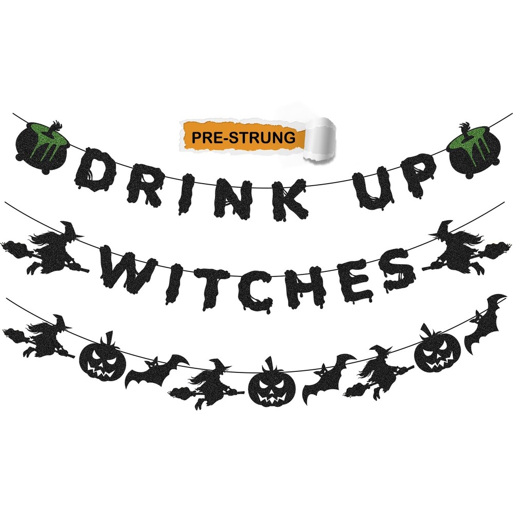 Halloween Decorations – Drink Up Witches Banner and Bat Garland with Witch, P…