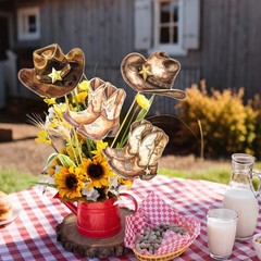 16 PCS Western Cowboy Boots Hat Theme Centerpiece Sticks Party Decorations