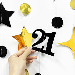 Black Gold 21St Birthday Decorations Number 21 Circle Dot Twinkle Star Garland H