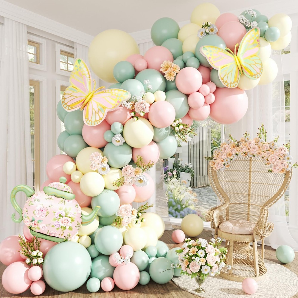 Tea Party Decorations Pastel Pink Yellow Balloon Garland Arch Kit with Teapot…