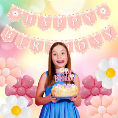 Pink Daisy Flower Party Decorations Set with Happy Birthday Banner Cake Topper 6