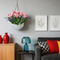 Artificial Tulips Flowers Hanging Basket for Indoor Outdoor, Realistic Pink F…