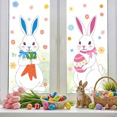 4 Sheets Extra Large Easter Bunny Window Clings Cute Rabbit Double-Sided Window