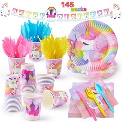 145 Pcs Unicorn Birthday Party Supplies Set – Tableware, Banner, Cups & Napkins