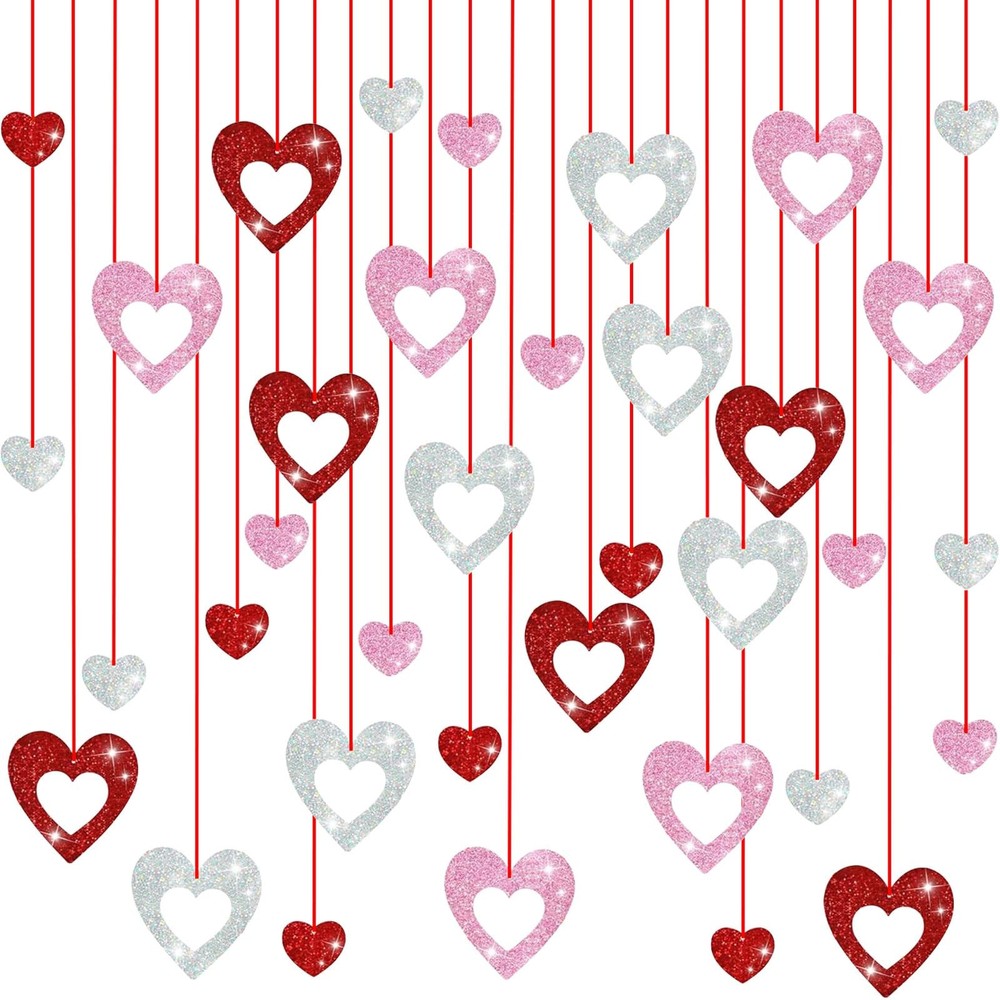 Valentines Day Hanging Decorations, Glitter Heart, Red, Pink, Silver, Wedding