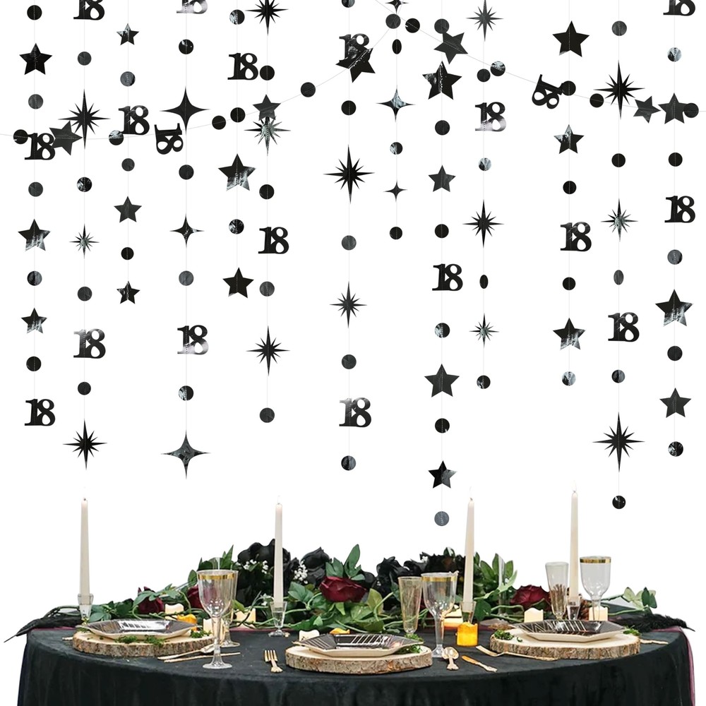 Black 18th Birthday Decorations Number 18 Circle Dot Twinkle Star Garland Met…