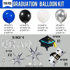 Royal Blue and Black White Silver balloon kit 110PCS with Graduation Cap
