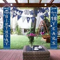 Blue Silver 18th birthday Party decorations Door Banner Porch Sign Bunting Flags