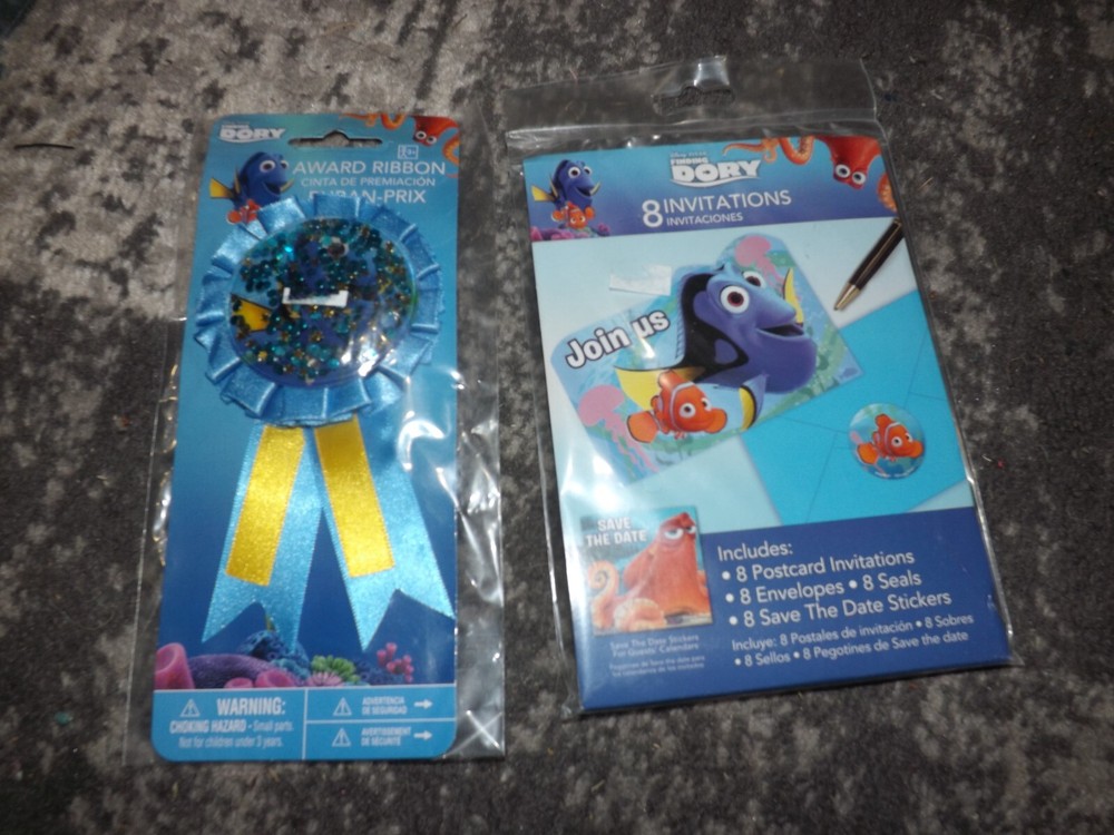 NEW sealed LOT FINDING DORY NEMO birthday party award ribbon & invitations