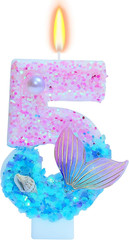 Mermaid Themed Birthday Candles, Number 5 Girls Glitter Birthday Party Supplies,