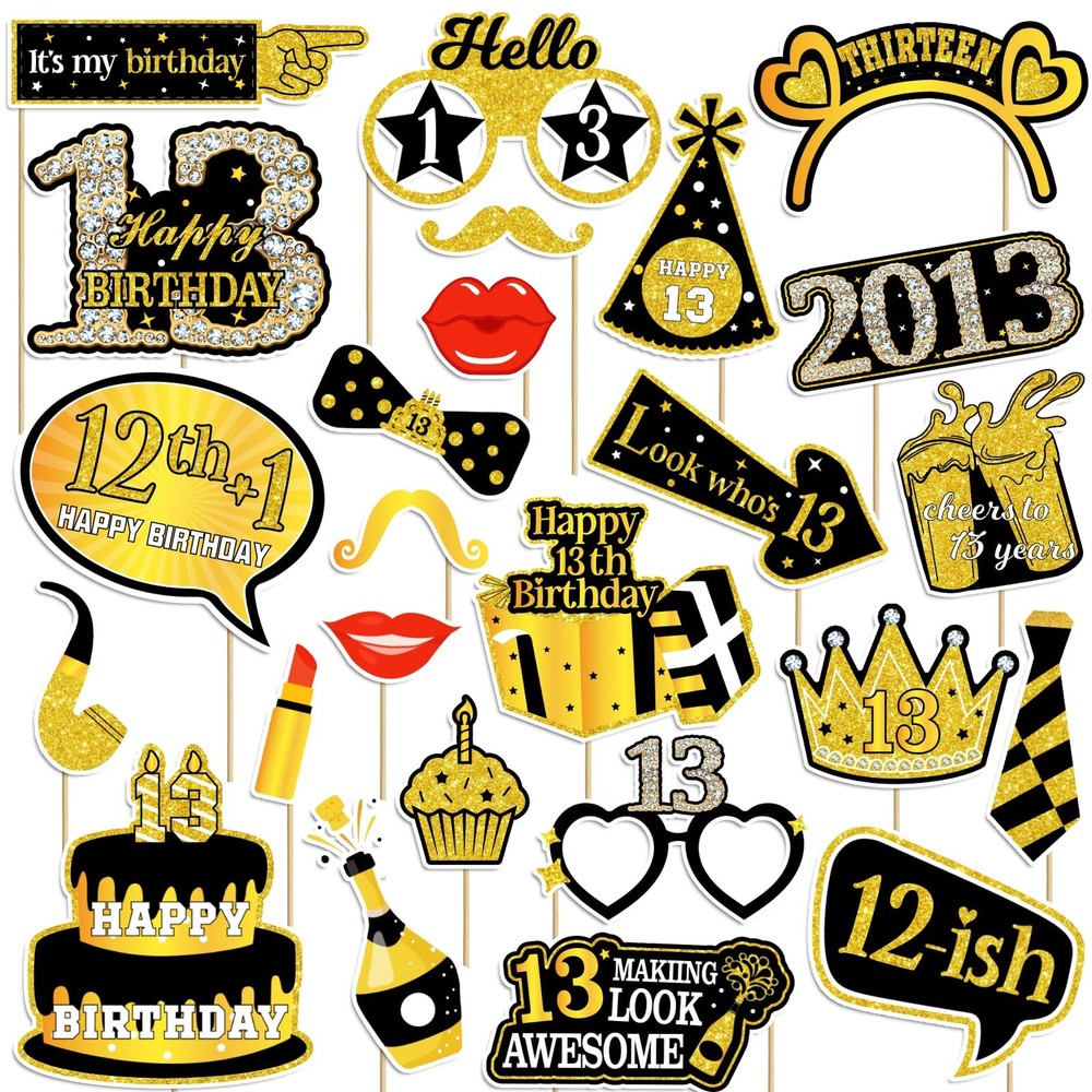 13th Birthday Photo Booth Props Black Gold Cheers to Thirteen Decor 23 PCS