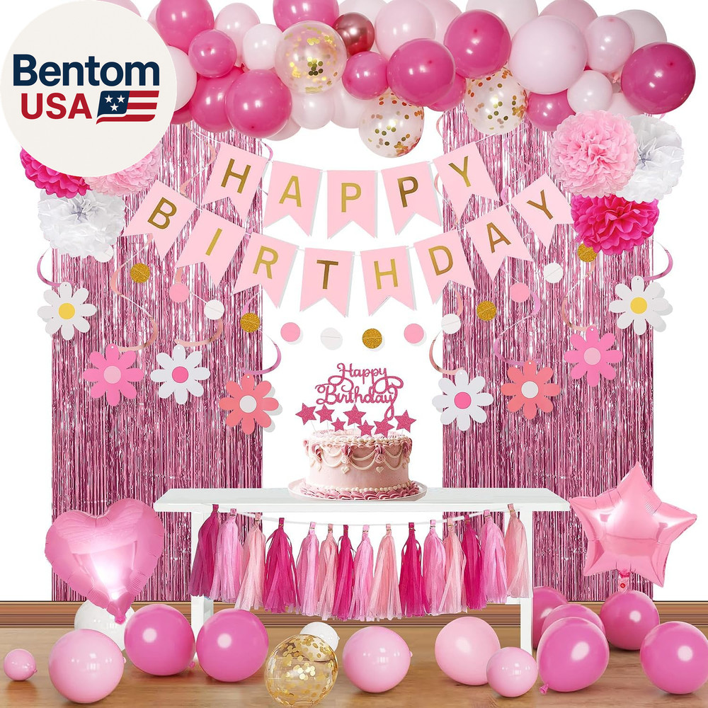 Pink Red Happy Birthday Party Decorations Kits for Girls Women with Happy Birthd