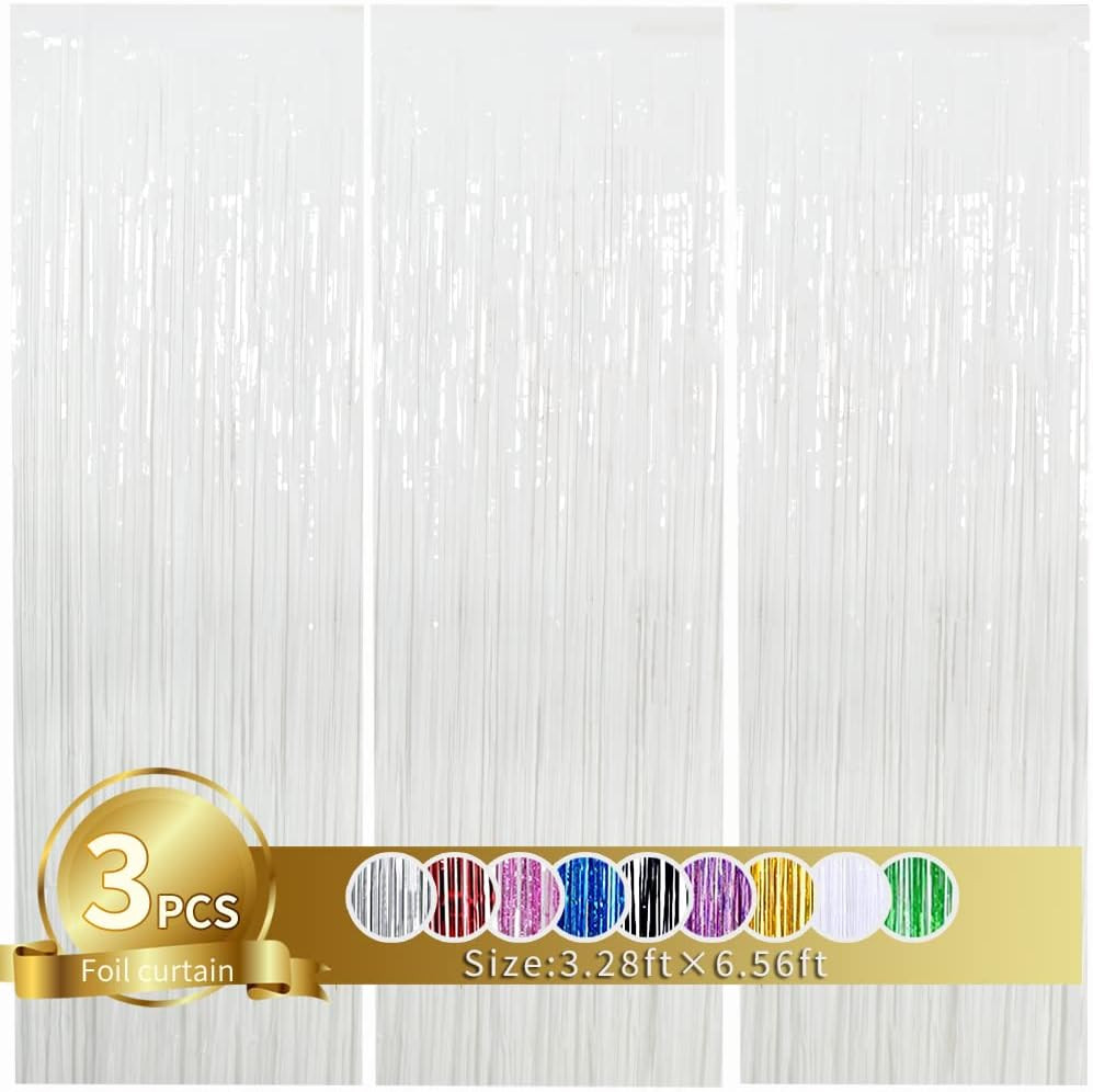 3Pcs White Metallic Tinsel Foil Fringe Curtains, 3.28Ft X 6.56Ft White Photo Boo