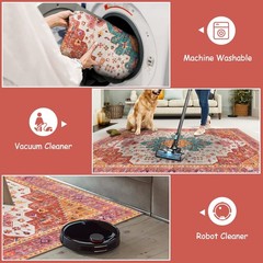 Moynesa Ultra-Thin Washable Vintage Area Rug – 5×7 Large Bedroom Boho Non-Sli…